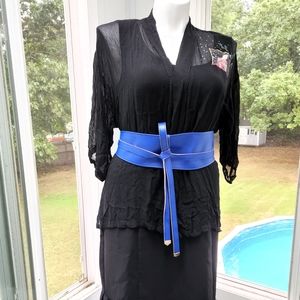 Plus Size Royal Blue & Silver Obi Wrap Corset Tie Vegan Leather Belt